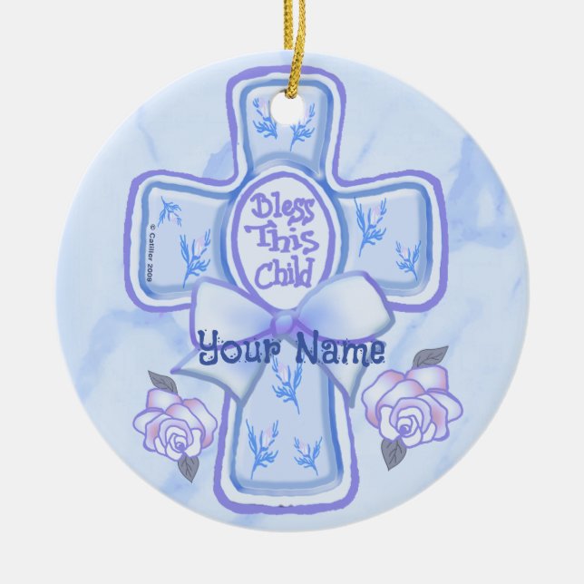 Blå Välsigna Detta Barn Kristet Kors Ornament (Framsidan)