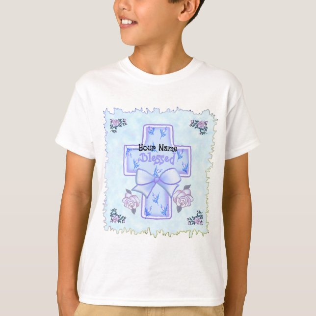 Blå Välsigna Detta Barn Kristet Kors  T Shirt (Framsida)