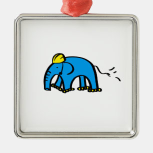 Blå valsmaskin Elephant med Gult Helmet Julgransprydnad Metall