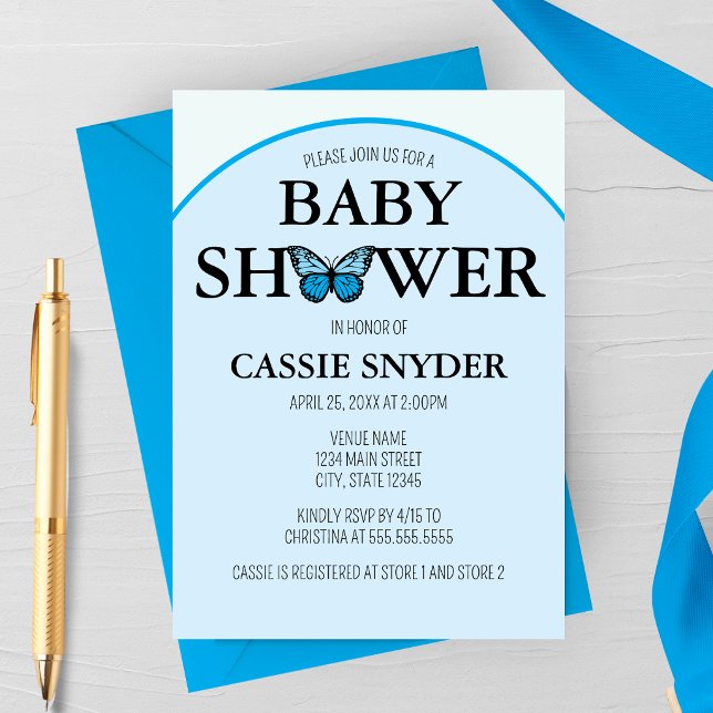 Blå Valvetterfjäril Bebisens Första Dag Firande In Inbjudningar (Blue Arch Butterfly Spring Baby Shower Invitation)