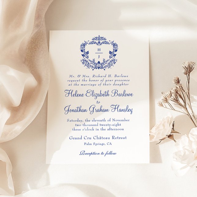 Blå Vapensköld för marinblå Elegant bröllop Inbjudningar (Navy Blue Crest Formal Elegant Wedding Invitation)