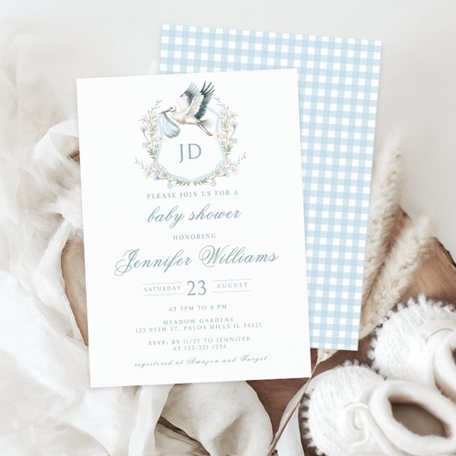 Blå Vapensköld med Stork & Flowers Pojke Shower Inbjudningar (Skapare uppladdad)