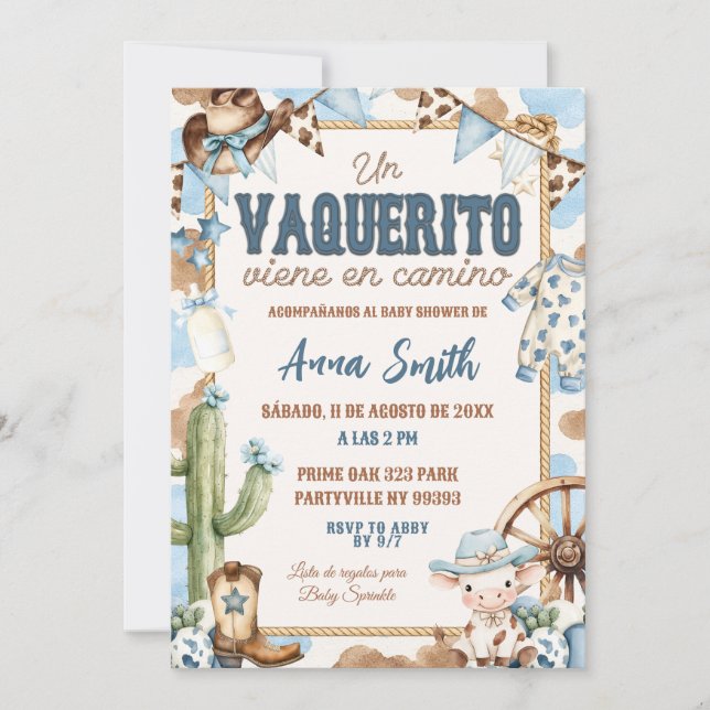 Blå Vaquerito spansk baby shower Inbjudningar (Framsida)