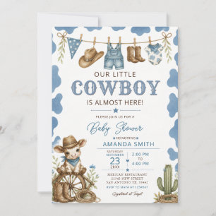 Blå Vår Lille Cowboy Baby Shower Klädstreck Inbjudningar