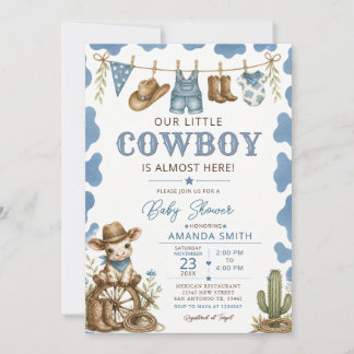 Blå Vår Lille Cowboy Baby Shower Klädstreck Inbjudningar