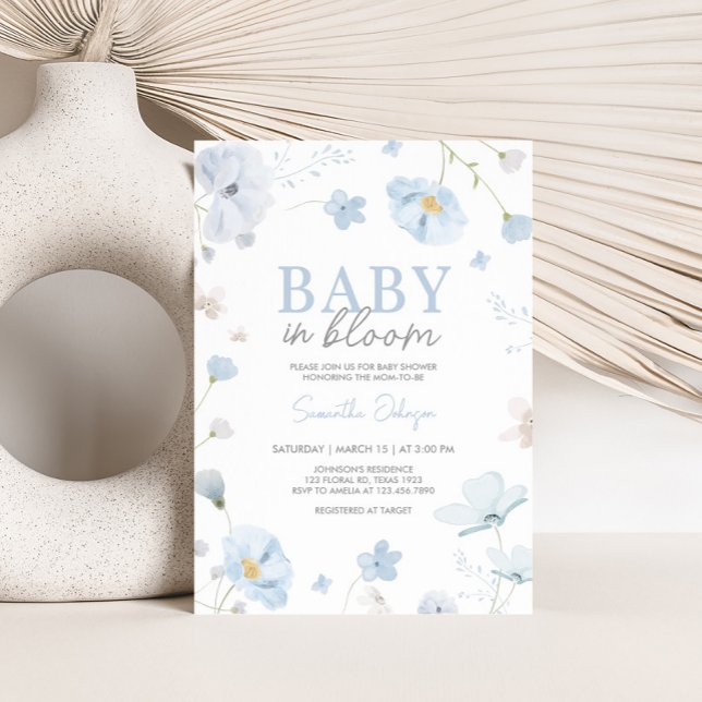Blå vårblomma Baby Baby Shower Inbjudningar (Blue Spring Floral Baby in Bloom Baby Shower Invitation)