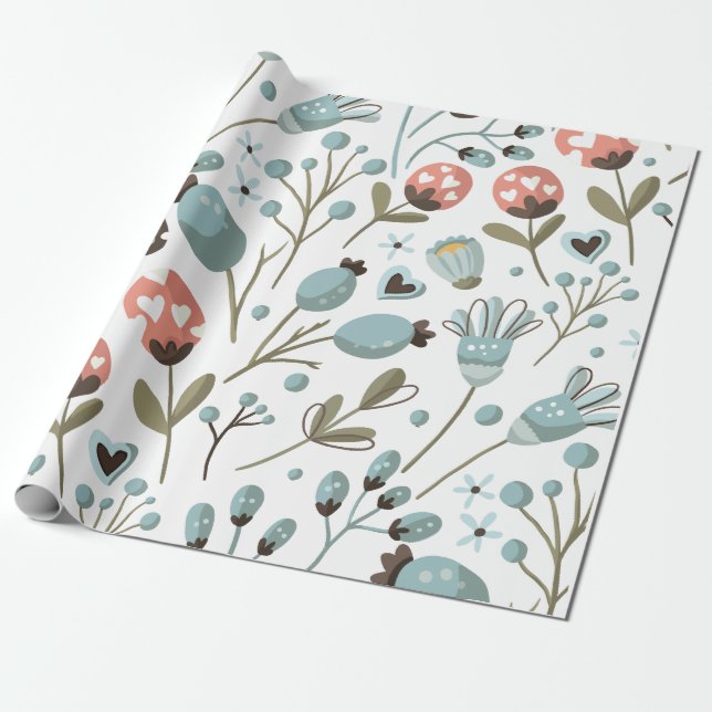 Blå vårblommig mönstrad bröllopps-  presentpapper (Utrullad)
