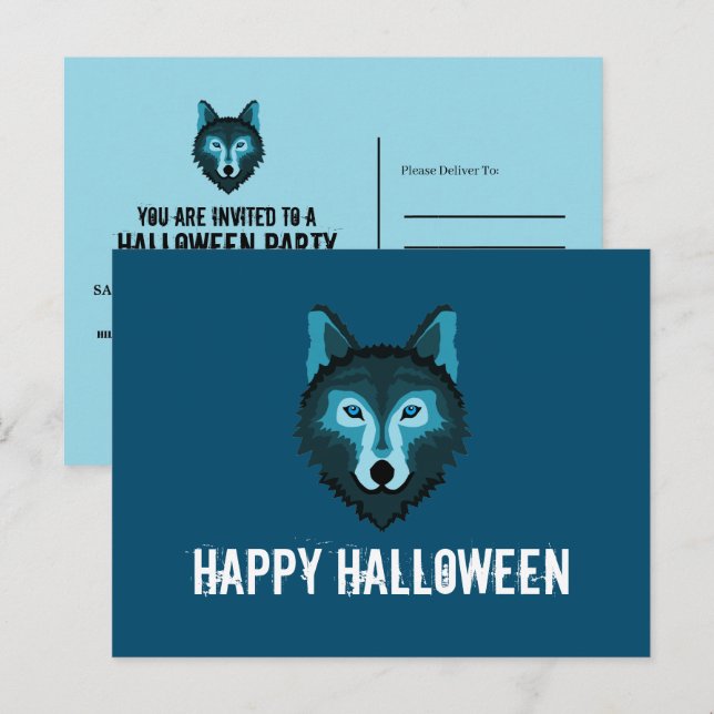Blå Varg, Halloween fest Inbjudan Vykort (Fram/baksida)