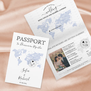 Blå världskarta över destinationspass för Bröllop Inbjudan