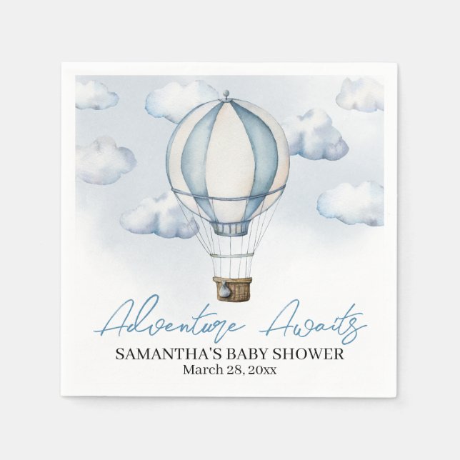 Blå Varm Luft Ballong Baby Shower Pappersservett (Framsidan)