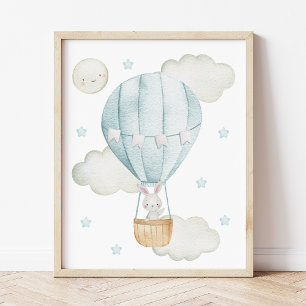 Blå Varm Luft Ballong, Djur, Kanin, Pojke Barnkamm Poster