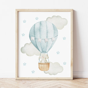 Blå Varm Luft Ballong, Elefant, Stjärnor, Pojkrum Poster