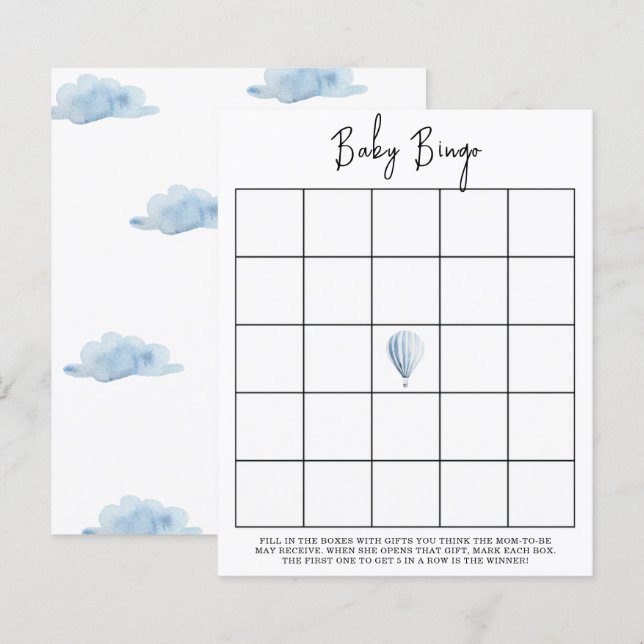 Blå varmluftsballong - Baby shower bingo spel (Fram/baksida)