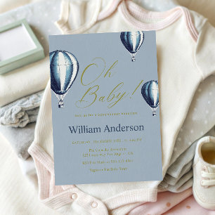 Blå varmluftsballong baby shower inbjudan
