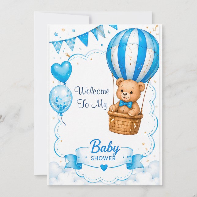 Blå varmluftsballong baby shower 🎈 inbjudningar (Framsida)