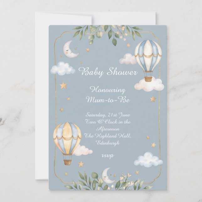 Blå varmluftsballong Baby Shower Inbjudningar (Framsida)