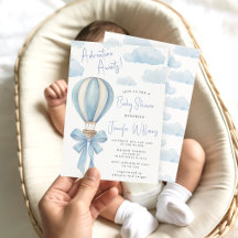 Blå varmluftsballongäventyr väntar på baby shower