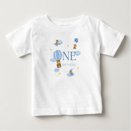 Blå varmluftsballongbjörn 1-års födelsedagsbaby T- T Shirt