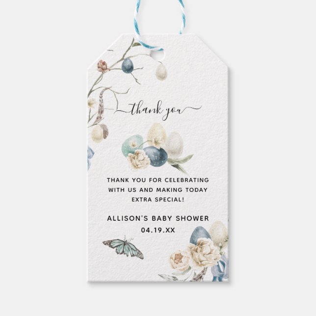 Blå vårpålägg | Tack för babyskor Presentetikett (Framsidan)