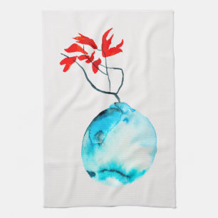 Blå vas vattenfärg ikebana kökshandduk