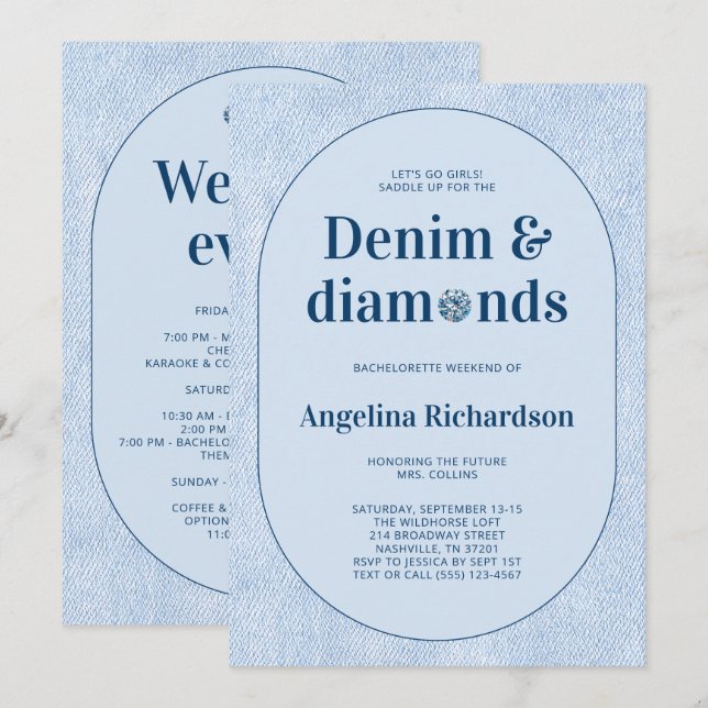Blå västerländsk denim och diamanter möhippa inbjudningar (Fram/baksida)