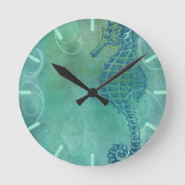 Blå Vatten, sjöhäst och blommor Rund Klocka