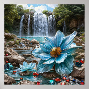🌊 Blå vattenfall Blommande blommor Natur Serenite Poster
