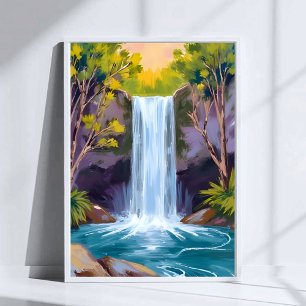Blå vattenfall   Skogslandskap Naturmålning Poster