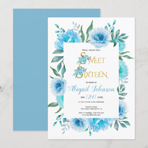 Blå vattenfärblommor, sweet sixteen inbjudningar