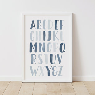 Blå vattenfärg Alphabet ABC Boy Nursery Decor Poster