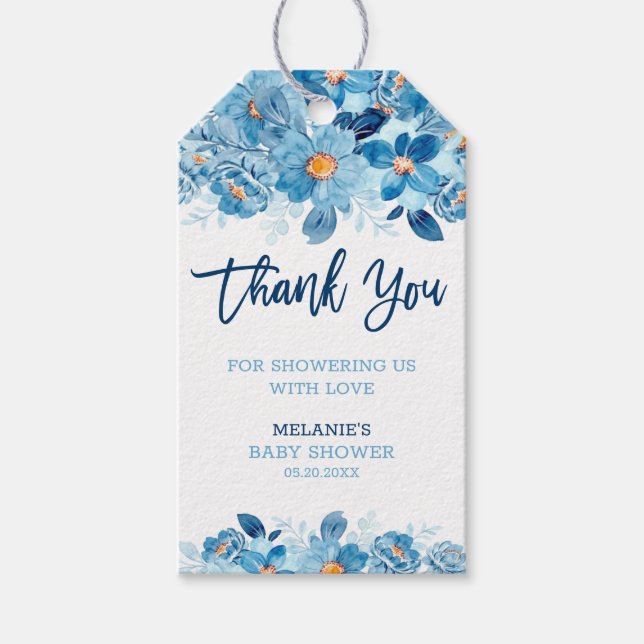 Blå vattenfärg, babyskor, Tack Presentetikett (Framsidan)