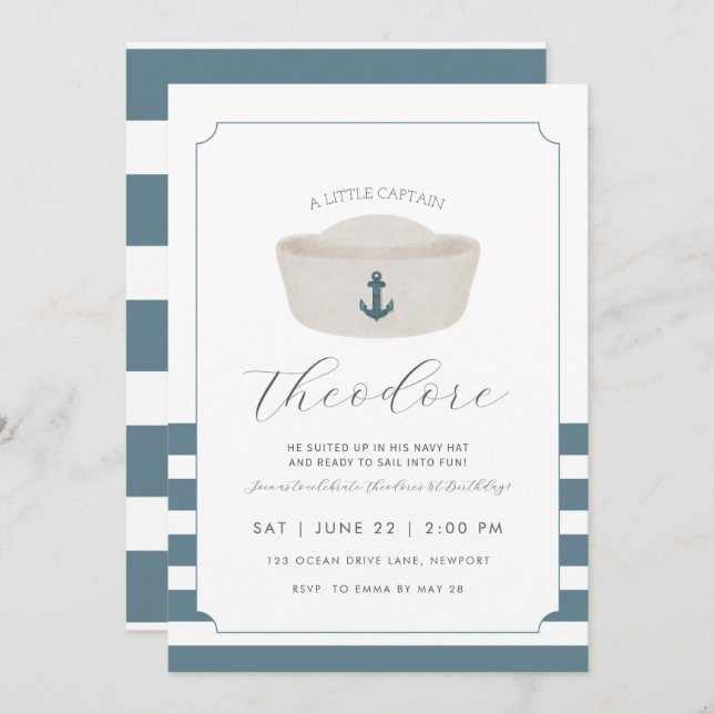 Blå vattenfärg Blå marinhöns första födelsedag Inbjudningar (Fram/baksida)