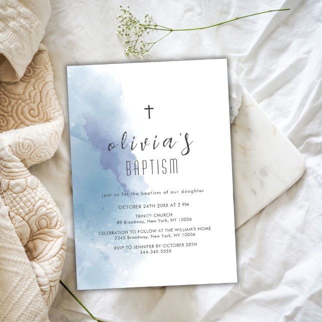 Blå vattenfärg Black Kor Christening Baptism Inbjudningar (Blue Watercolor Black Cross Christening Baptism Invitation)