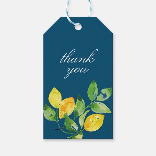 Blå vattenfärg, citron, Namn Tack Presentetikett (Framsidan)