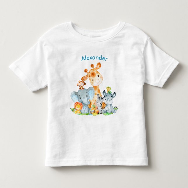 Blå vattenfärg Cute Safari Jungle Animals T Shirt (Framsida)