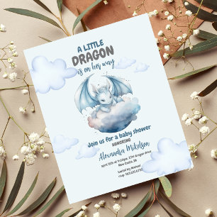 Blå vattenfärg Dragon Baby Shower Inbjudningar