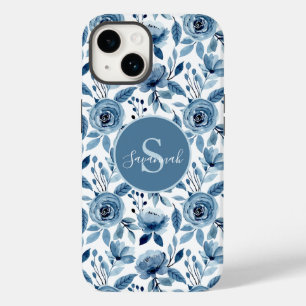 Blå vattenfärg Flower Mönster med Monogram