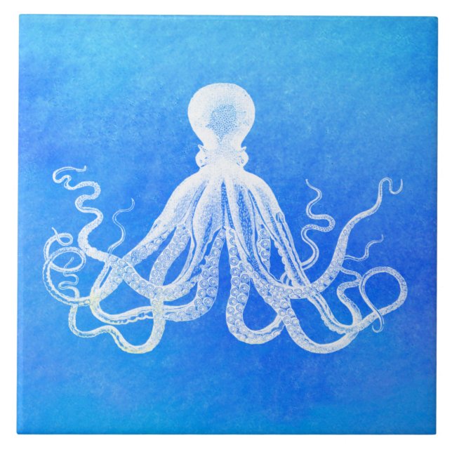 Blå vattenfärg för bläckfisk  kakelplatta (Framsidan)