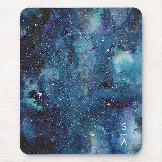 Blå vattenfärg Galaxy Space Stars Initialer Musmatta (Framsidan)