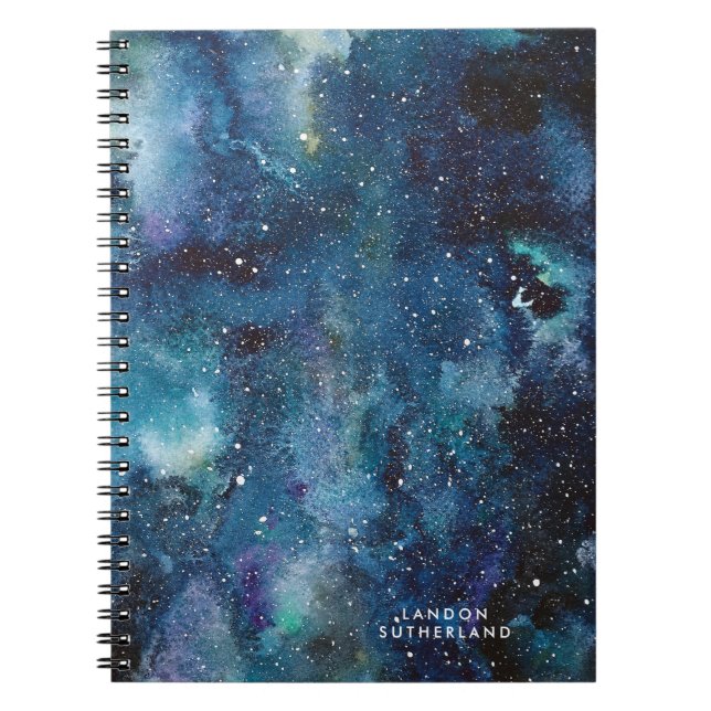 Blå vattenfärg Galaxy Space Stars Namn Anteckningsbok (Framsidan)