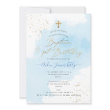 Blå vattenfärg Guld Baptism+1:a födelsedag