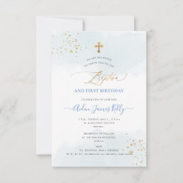 Blå vattenfärg Guld Baptism+1:a födelsedag Inbjudningar