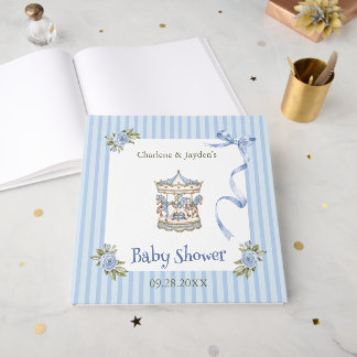 Blå Vattenfärg Hästdressyr Karusell Baby Shower Gästböcker