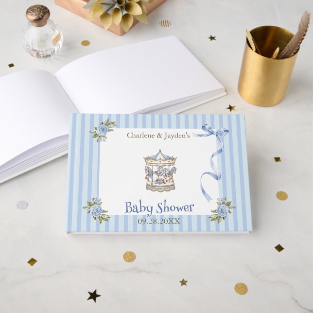 Blå Vattenfärg Hästs Karusell Baby Shower Gästböcker (Framsida öppen)