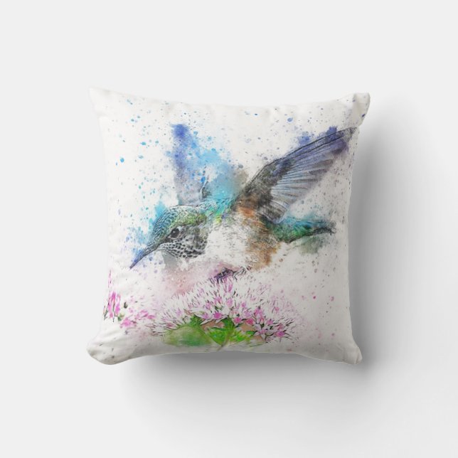Blå vattenfärg Hummingbird Pillow Kudde (Framsida)
