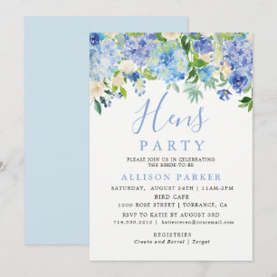 Blå vattenfärg Hydrangea Blommigt Hens Party Inbjudningar