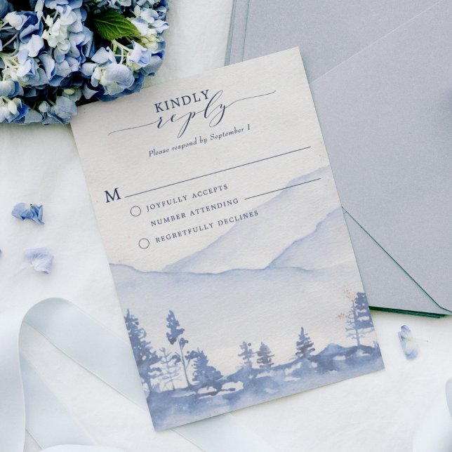 Blå vattenfärg i bergsområden OSA kort (Invigorate your wedding guests with the refreshing charm of our Blue Mountain Watercolor RSVP Card. )