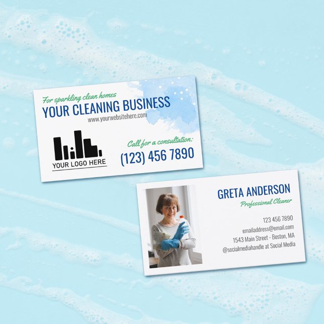 Blå vattenfärg i Grönten Din Logotyp Städning tjän Visitkort (Skapare uppladdad)
