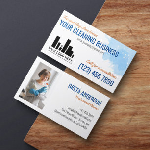 Blå vattenfärg i Orangen Din Logotyp Städning tjän Visitkort