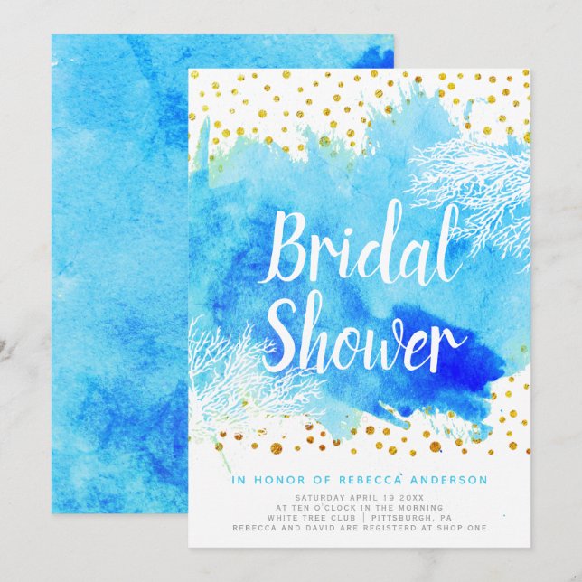 Blå vattenfärg, korallrev bröllop möhippa inbjudningar (Fram/baksida)